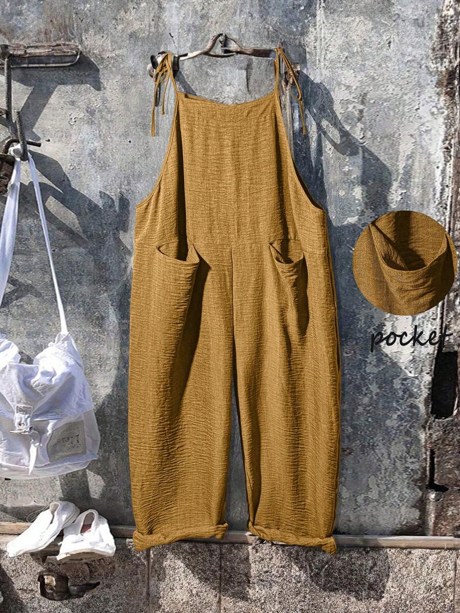 Linhara Mono informal de talla grande para mujer de unicolor con bolsillos duales - Caqui - Ver 1