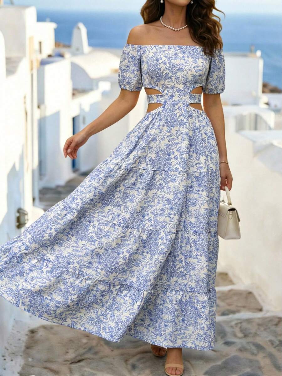 Rafferiza 休闲度假风露肩蝴蝶结露背连衣裙 - 藍色 - 查看 1