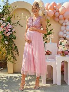 Loomaby 孕妇V领无袖优雅休闲夏季连衣裙 - 粉色 - 查看 4