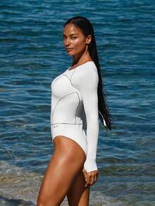 GLOWMODE Traje de baño de una pieza resistente al cloro, de manga larga, cuello redondo, con abertura delantera, para buceo profundo, surf, natación, playa, piscina, vacaciones de verano - Blanco - Ver 7