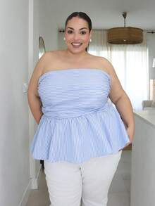 Pretty and Ole Plus Size Women Summer Striped Strapless Top - Blue and White - View 1