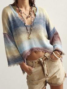 Bohemela Ombre Distressed Loose Knit Sweater - Mauve Mist - View 5