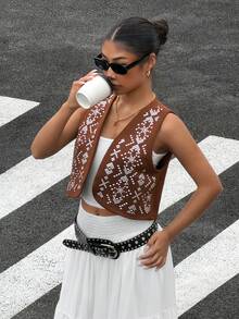 Muchica 女士几何图案开襟休闲背心薄款开衫 - 棕色 - 查看 8