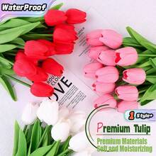 10/20 piezas Tulipanes artificiales de color rosa oscuro, tulipanes falsos realistas para decoración del Día de San Valentín, diseño de interiores del hogar, dormitorio, sala de estar y decoración de fiesta de cumpleaños - Rosa oscuro - Ver 1