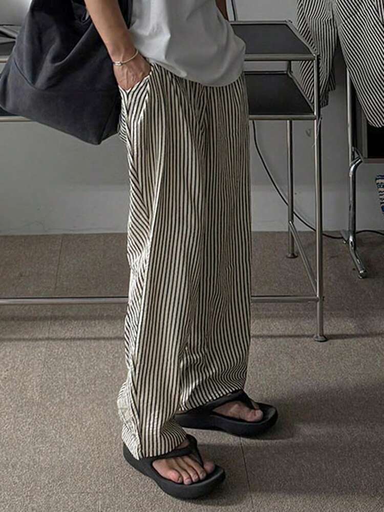 Long Black & White Striped Elastic Waist Men's Pants