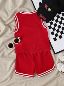 SHEIN Playful Pals 2件組男嬰紅白色夏季可愛海灘運動套裝，網眼無袖上衣搭配數位印花彈性腰圍短褲，時尚戶外服飾 - 白色 - 查看 2