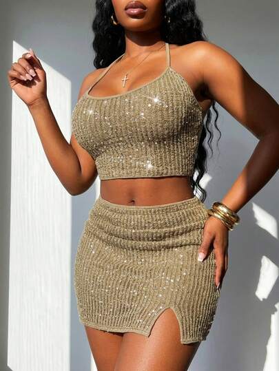 SHEIN SXY Plus Size Sequin Backless Halter Top And Mini Skirt 2 Pieces Set, Summer