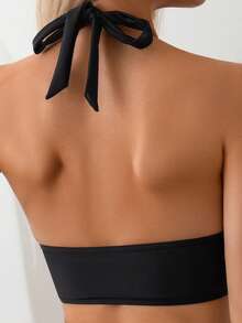 Swim Lushoire Top de bikini sexy con halter y fruncido de unicolor para mujer, ideal para la playa - Negro - Ver 2