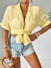 SHEIN Swim 女士简约纯色短袖和服罩衫，夏季海滩装扮，女士沙滩罩衫，长款衬衫，沙滩衬衫 - 淡黃色 - 查看 3