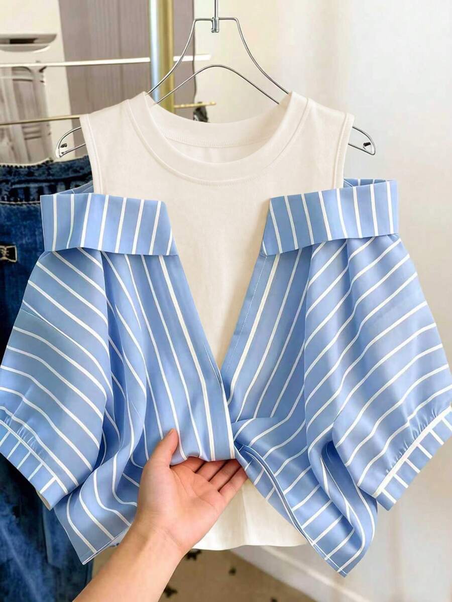 GlowEve Conjunto de vacaciones para mujer con camisa a rayas de dos piezas falsa - Azul - Ver 1
