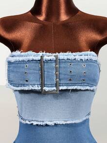 Mistrie Vestido de mezclilla con abertura alta extra larga para mujer - Azul - Ver 4