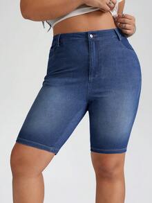 SHEIN PETITE CURVE Plus Size Women's High Waist Dark Blue Denim Bermuda Shorts, Casual Summer Vacation Outfits Four-Way Stretch Fabric Plus Size Slim Fit Casual Summer Versatile Daily Wear Blue Denim Shorts Jorts - Dark Wash - View 6