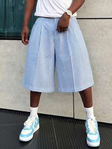 PAVTROS Men's Casual Striped Elastic Waist Bermuda Shorts, Light And Comfortable, Pleats Design, Spring/Summer Baby Blue Shorts Men Loose Shorts - Blue and White - View 1