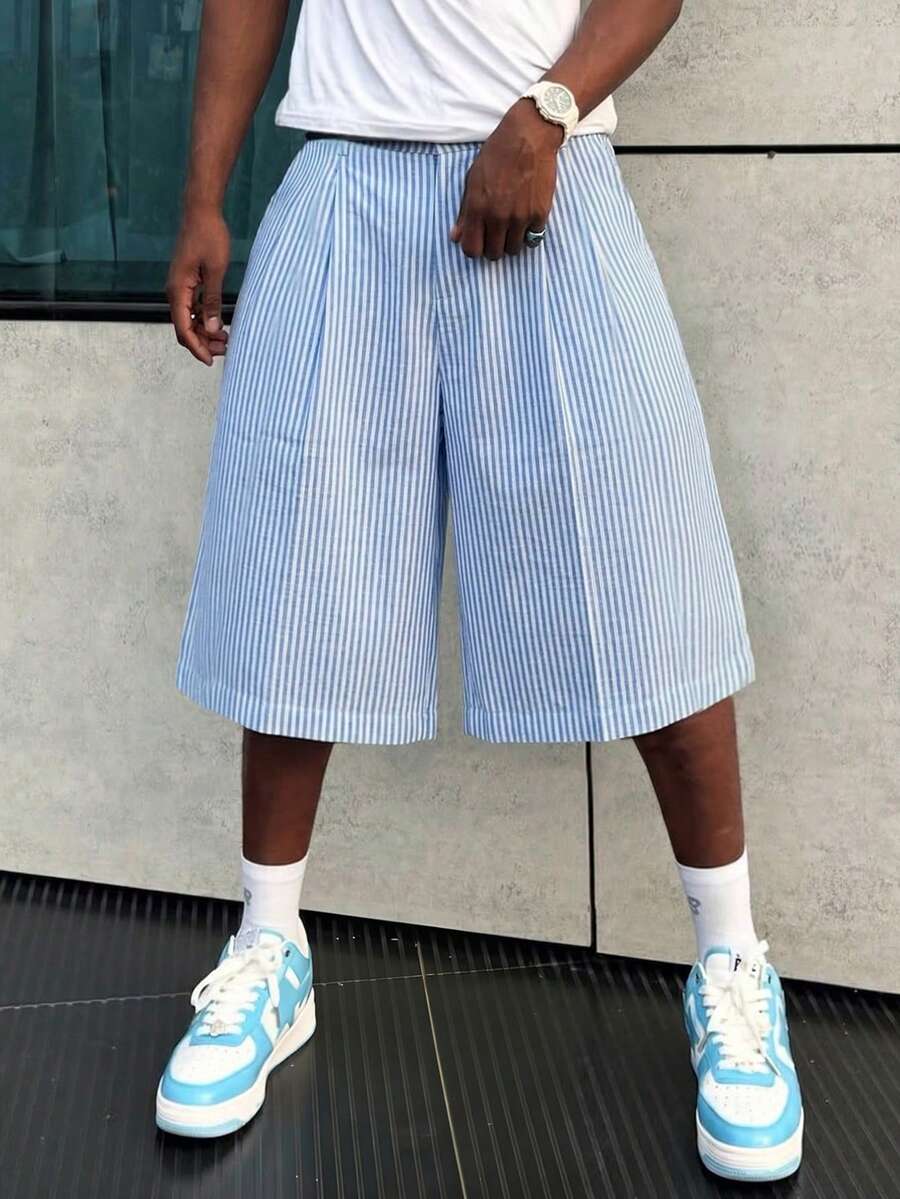 PAVTROS Men's Casual Striped Elastic Waist Bermuda Shorts, Light And Comfortable, Pleats Design, Spring/Summer Baby Blue Shorts Men Loose Shorts - Blue and White - View 1