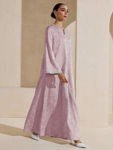 Graceveil Jacquard Fabric V-Neck Silver Ribbon Decor Loose Long Sleeve Elegant Luxurious Dress - Mauve Purple - View 6