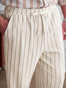 Core Aspect 男士休闲条纹印花抽绳直筒裤，适合度假和日常通勤 - 卡其色 - 查看 7