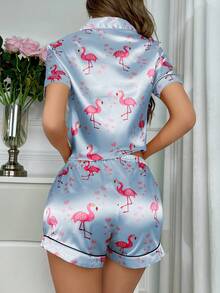 Conjunto de pijama de manga corta con cuello de solapa y estampado de amor de flamenco para verano - Celeste - Ver 2