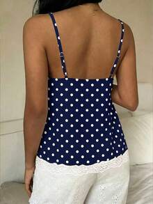 CovetEZ 女士休闲胸部褶皱娃娃衫蕾丝拼接修身吊带背心，适合日常穿着 - 藏蓝色 - 查看 2