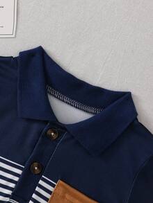 SHEIN 男嬰休閒可愛熊刺繡徽章不對稱條紋短袖 Polo 衫與短褲套裝，適合夏季 - 彩色 - 查看 7