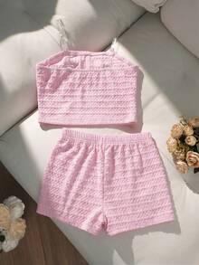 Sparklyn Bộ đồ 2 món kẻ sọc phong cách Y2K cho bé gái, áo croptop cúp ngực họa tiết bong bóng thêu hình sao biển và quần short, mềm mại và thoải mái, phong cách ngọt ngào cho kỳ nghỉ hè ở bãi biển, thích hợp cho mùa hè. - Hồng - Xem 2