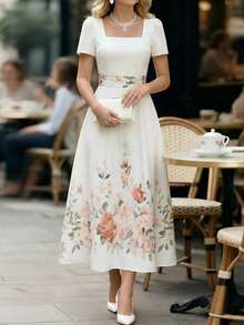 Ellegaria. 女士印花短袖中长修身连衣裙，方领设计，时尚优雅，休闲百搭，适合度假、海滩等场合，收腰设计，A字裙摆，日常通勤、派对、约会、情人节等场合穿着，春夏新品，秋季新款 - 彩色 - 查看 4