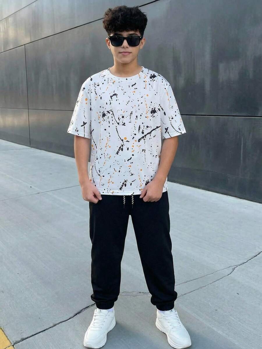 2pcs/Set Tween Boy Casual Street Sporty College Splatter Print White Short Sleeve T-Shirt And Black Sweatpants Set, Suitable For Commuting, School, Casual Outings, Sports, Spring/Summer - Black - View 1