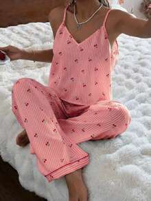 Women's Bubble Crinkle Striped Cherry Print Camisole & Pants Pajama Set - Coral Pink - View 6