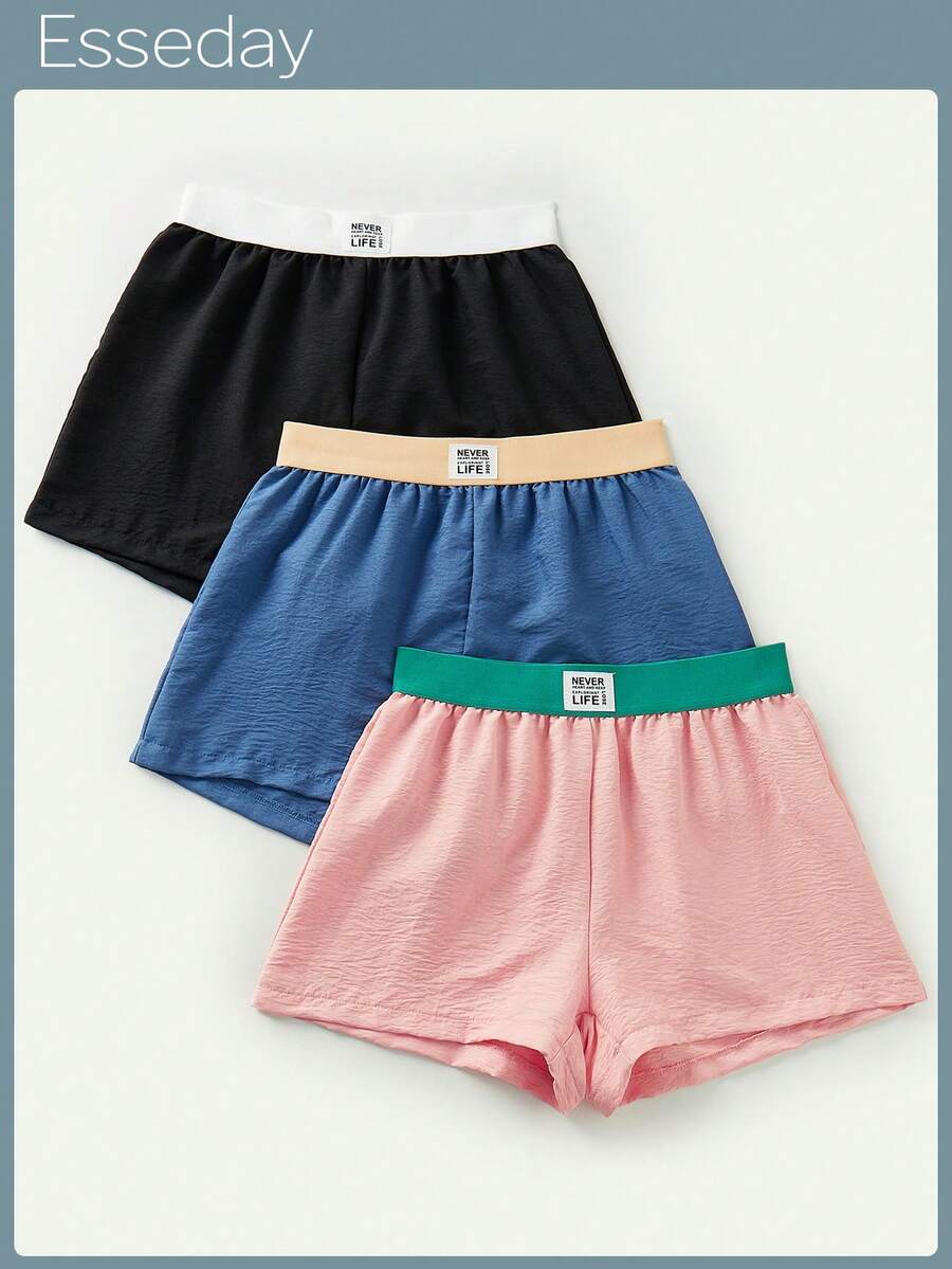 SHEIN 3-Piece Women's Contrast Color Sleep Shorts Loungewear Set - Multicolor - View 1