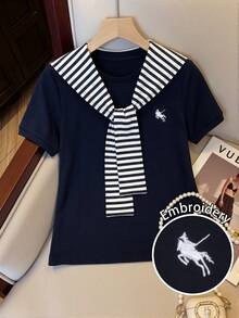 GlowEve Women's Casual Vacation & Commute Embroidered Short Sleeve T-Shirt With Striped Sailor Shawl, Summer - Navy Blue - View 1