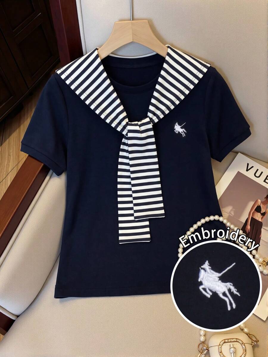GlowEve Women's Casual Vacation & Commute Embroidered Short Sleeve T-Shirt With Striped Sailor Shawl, Summer - Navy Blue - View 1