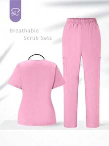 TaskEZ Scrub Uniform Set Solid V-Neck Short Sleeve Top With Pockets And Pants - Pink - View 2