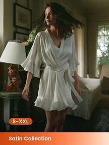 LUVLETTE 夏季奢华白色缎面睡袍 - 荷叶边袖口和水钻点缀裹身裙 魅力高级夏季休闲服 婚礼单品 - 白色 - 查看 2