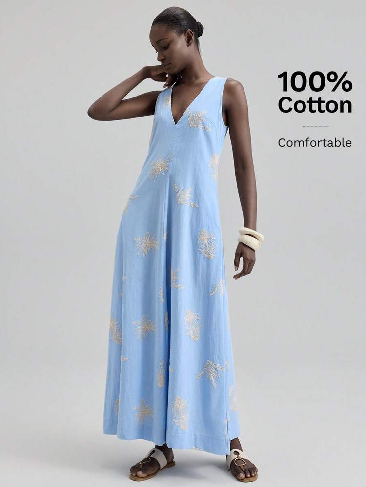 2026 Spring/Summer Women's Extra Long Floral Jacquard V-Neck Sleeveless Maxi Dress, Loose Fit, Waist Cinched A-Line, Green Embroidered Floral Abstract Print Vacation Dress, Bohemian High-End Design, Versatile Holiday Outfit