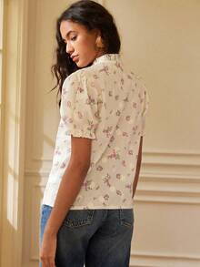 Écloséra Casual V-Neck Ruffle Puff Sleeve Embroidered Textured Ditsy Floral Blouse, Spring/Summer Top For Women - Pink - View 2