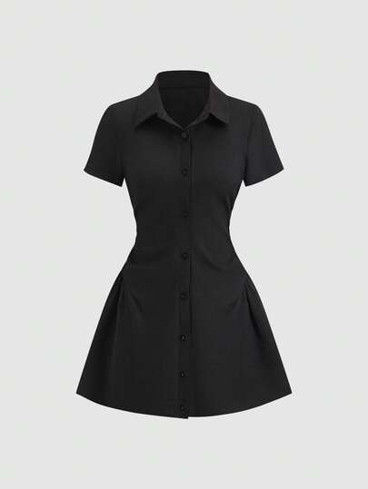 Sweetra Tall Camisa de mujer de manga corta con pliegues ajustada de unicolor, vestido corto de verano, de uso versátil y para ir al trabajo