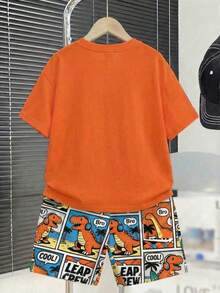 SHEIN Tween Boy Casual Stylish Dinosaur Print Short Sleeve Round Neck T-Shirt,Dinosaur Print 2-Piece Tracksuit Set,Orange,Summer,Streetwear,Vacation,Khaki - Multicolor - View 4