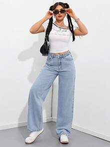 SHEIN ICON Jeans de pierna ancha con bolsillos en ángulo lavados para uso casual diario de mujeres - Azul y blanco - Ver 6