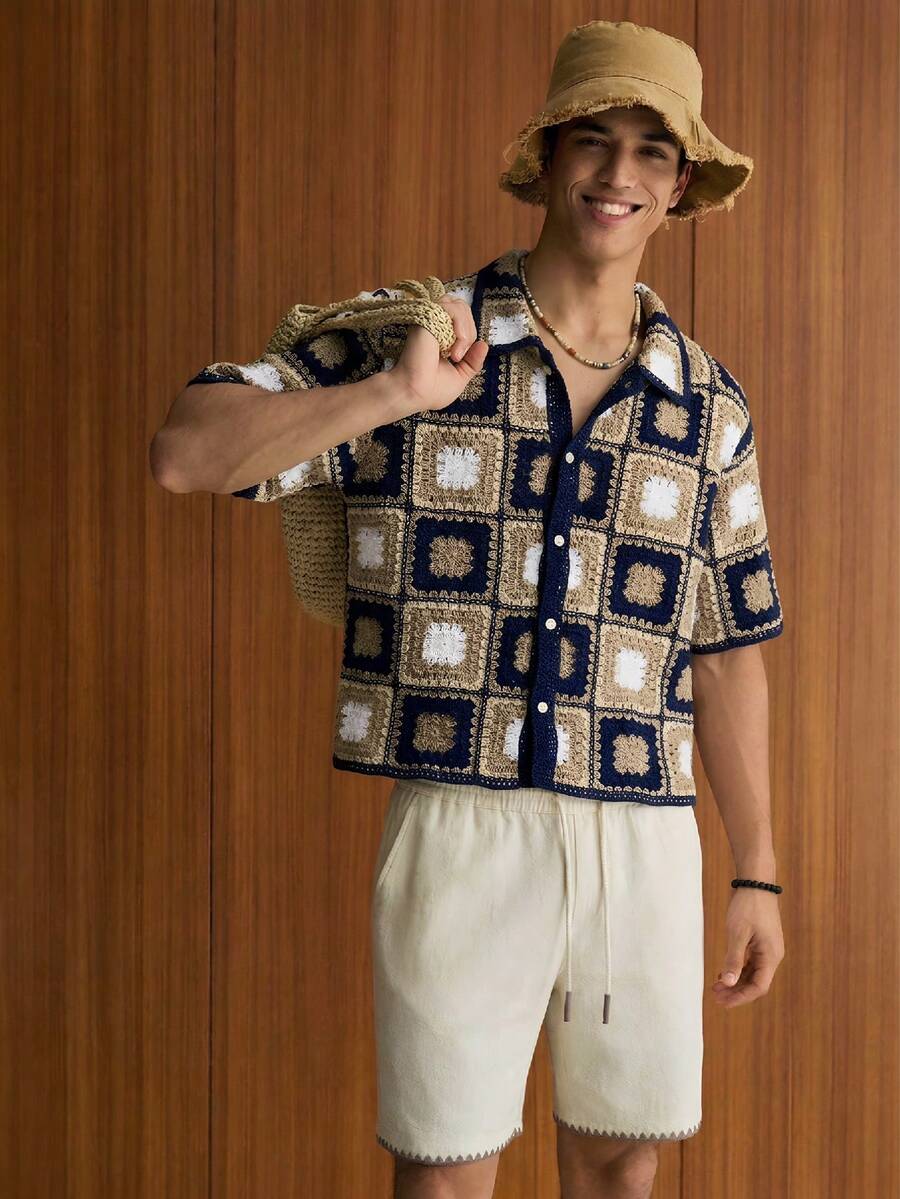 SWAVVY 男士单排扣波西米亚风钩针编织短袖休闲上衣 - 墨綠色 - 查看 1