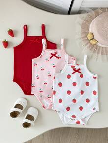 SHEIN Playful Pals 3件套女童夏季针织连体衣，可爱樱桃草莓图案纯色无袖连体衣，适合居家、休闲、外出、派对穿着 - 彩色 - 查看 3