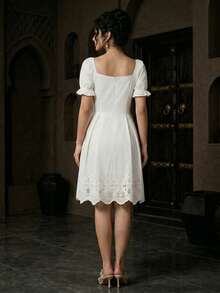 Modelyn Vestido con falda acampanada y bordado elegante para mujer - Blanco - Ver 2