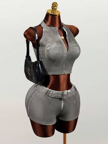 Mistrie Áo khoác gile denim cổ bẻ dáng ngắn có khóa kéo dành cho nữ - trắng - Xem 5