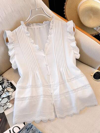 GlowEve Áo khoác cardigan nữ mùa xuân/hè kiểu dáng thường ngày, màu trắng tinh khôi, chất liệu giả cotton, phối ren, cổ chữ V và tay bồng.