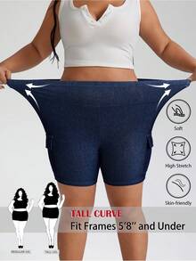 SHEIN Tall CURVE Plus Size Women's High Waist High Stretch Cargo Denim Shorts Casual Summer Streetwear Plus Size High Waist Slim Fit Casual Denim Shorts, Summer Jorts - Dark Wash - View 1