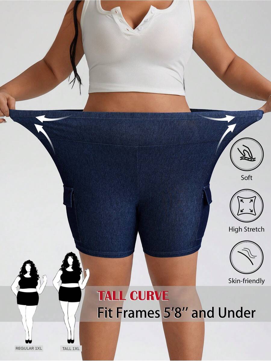 SHEIN Tall CURVE Plus Size Women's High Waist High Stretch Cargo Denim Shorts Casual Summer Streetwear Plus Size High Waist Slim Fit Casual Denim Shorts, Summer Jorts - Dark Wash - View 1