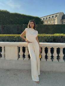 Aloruh Women's Casual Elegant Apricot Sleeveless Wide-Leg Pants Set/Summer 2 Pieces Set/Vacation Set/Commute Set Women Vacation Outfit Sets Women S Summer Outfits Women 2 Piece Outfit Casual Women Outfits Sets - Apricot - View 3