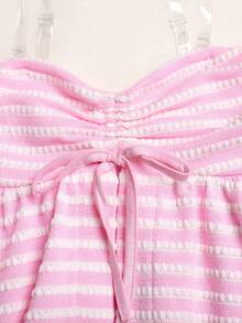 SHEIN Tween Girl Summer Pink Knit Jacquard Striped Ruched Bandeau Top Tween Girl - Pink - View 2