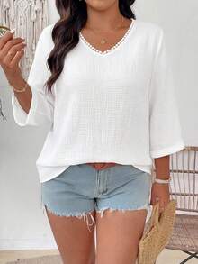 EMERY ROSE Camisa de lino con textura casual de cuello en V y estampado floral para tallas grandes - Blanco - Ver 5
