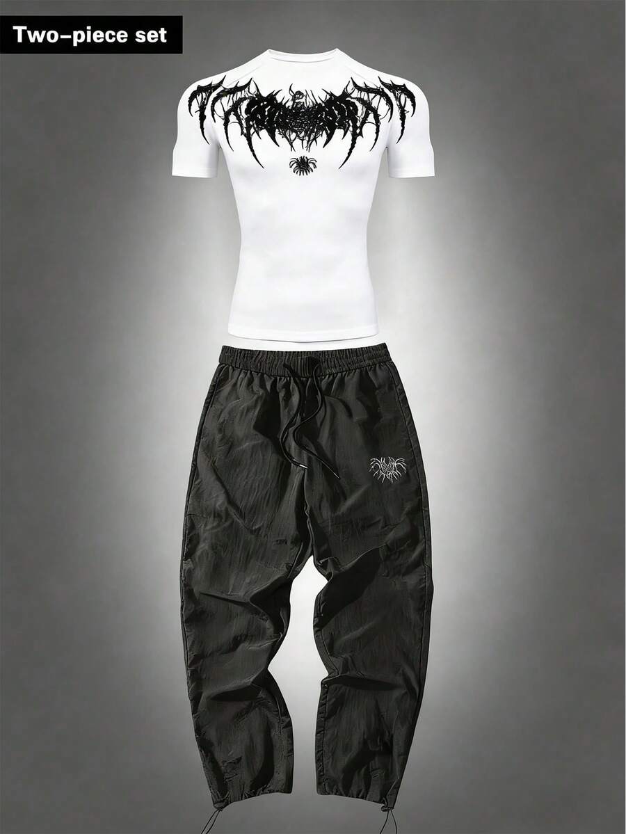 Manfinity Sport Corelite 男士哥特印花短袖T恤和运动裤套装 - 黑色 - 查看 1