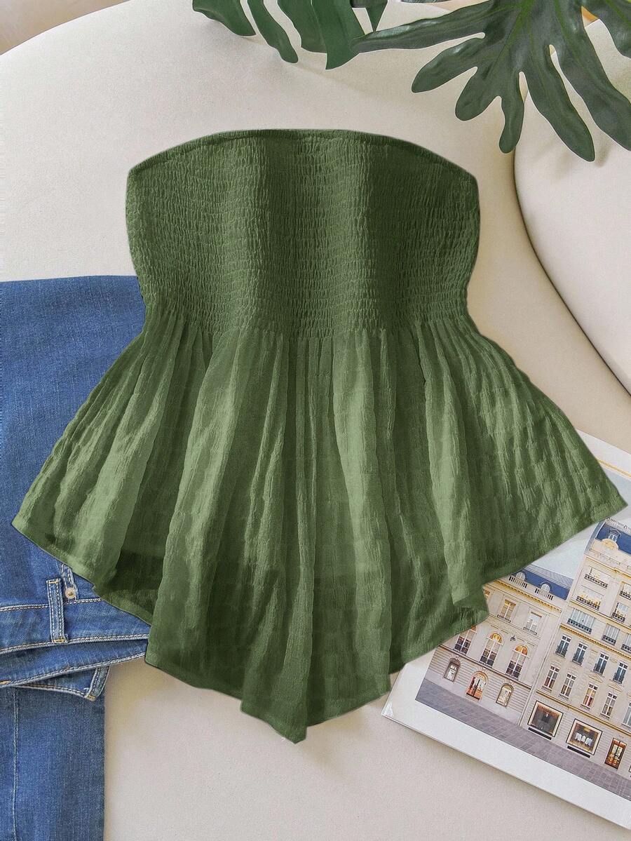 SHEIN Frenchy 大码不对称下摆无肩带白色休闲度假上衣，适合浪漫之旅和海滩度假 - 綠色 - 查看 1