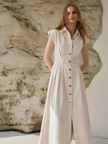 PREMIUM WOMEN'S SPRING/SUMMER CASUAL COMMUTING CAP SLEEVE SLANT POCKET PLEATED DENIM DRESS, BELT NOT INCLUDED - White - View 5